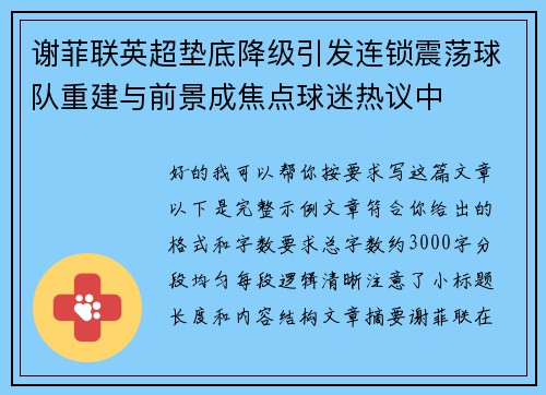 谢菲联英超垫底降级引发连锁震荡球队重建与前景成焦点球迷热议中
