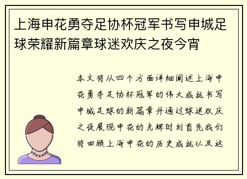 上海申花勇夺足协杯冠军书写申城足球荣耀新篇章球迷欢庆之夜今宵