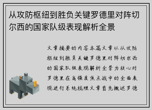 从攻防枢纽到胜负关键罗德里对阵切尔西的国家队级表现解析全景