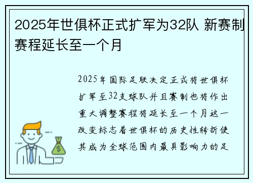 2025年世俱杯正式扩军为32队 新赛制赛程延长至一个月
